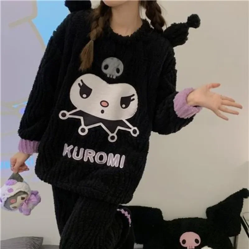 Sanrio Cinnamoroll Pompom Purin Kuromi Pochacco cute plush pajamas for women winter thickened coral velvet student home clothes