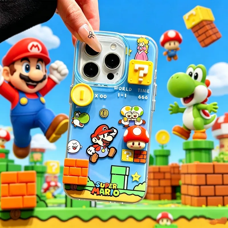 

HOT Mario Phone Case Block Style Cartoon 3D Game Design for IPhone 17 16 15 Pro Max Lovely Color Matching Cute Holiday Gift