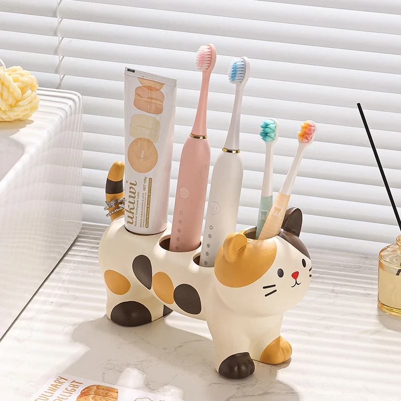 Three-flower Cat Electric Toothbrush Rack Couple Toothpaste Placed Washstand Base Bracket Ceramic Holder Bathroom Supplies
