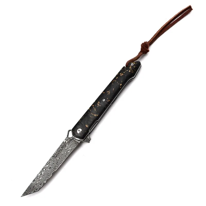 Damascus Folding Knife Shredded Carbon Fiber Handle Pocket Knife Outdoor Defense Knife Camping Portable Fruit Knife