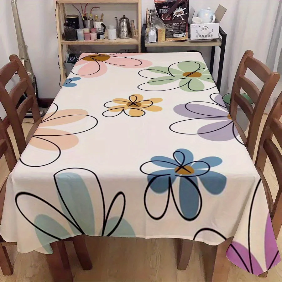 

1pc Rectangle Tablecloth - Machine Made Woven Floral Design with Pink, Blue, Yellow & Green Flowers