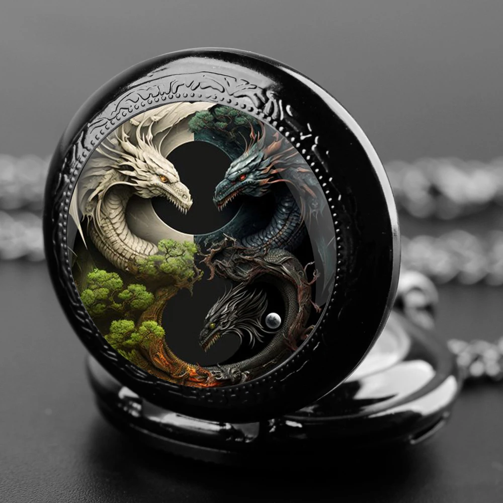 Mysterieuze Cool Dragon Design Glazen Koepel Vintage Quartz Zakhorloge Mannen Vrouwen Hanger Ketting Ketting Klok Horloge Sieraden Geschenken