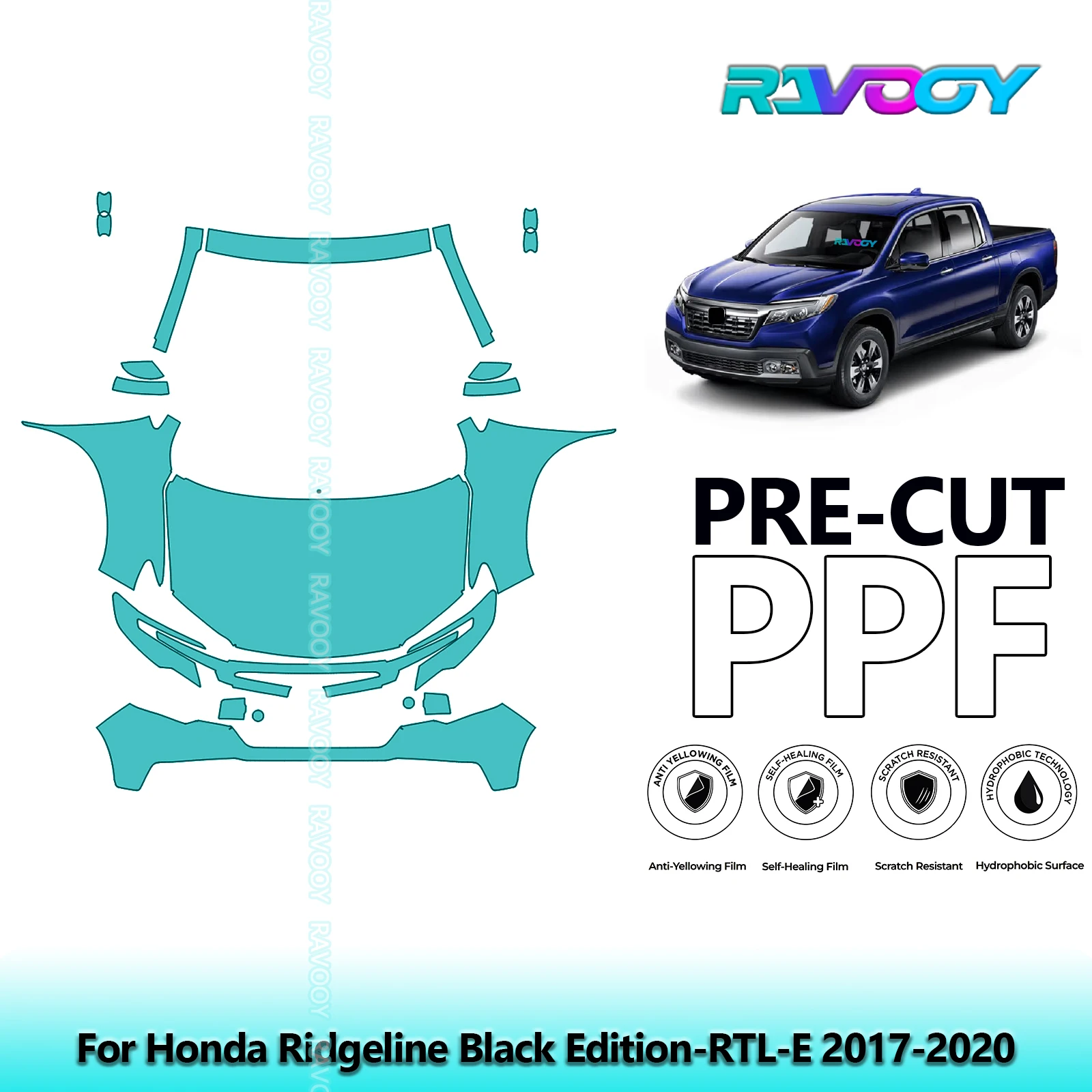 

8.5Mil Front Kit Precut Paint Protection Film PPF Clear Bra For Honda Ridgeline Black Edition-RTL-E 2017-2020