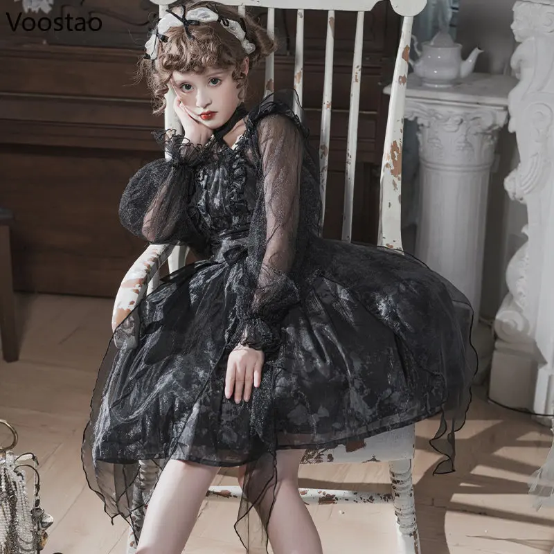 Japanischen Viktorianischen Gothic Lolita OP Kleid Vintage Mädchen Süße Bogen Elegante Prinzessin Urlaub Party Kleider Frauen Dark Y2k Kleid