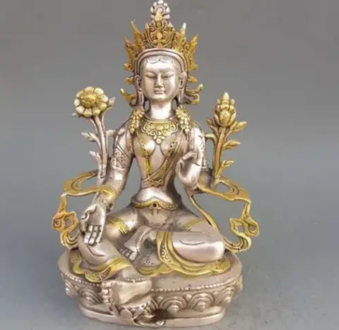 8.86 inch Tibet Silver Copper Gilt  White Tara Buddha Tibetan Buddhism Statue