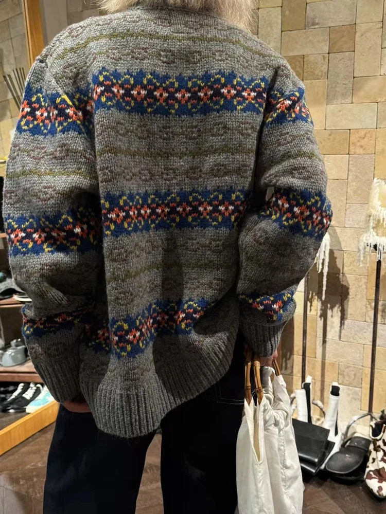 Soft Loose Women's Knitted Cardigan with Lace Trim Vintage Sle Long Sve round Ne Sweater Floral Pattern Button Closure