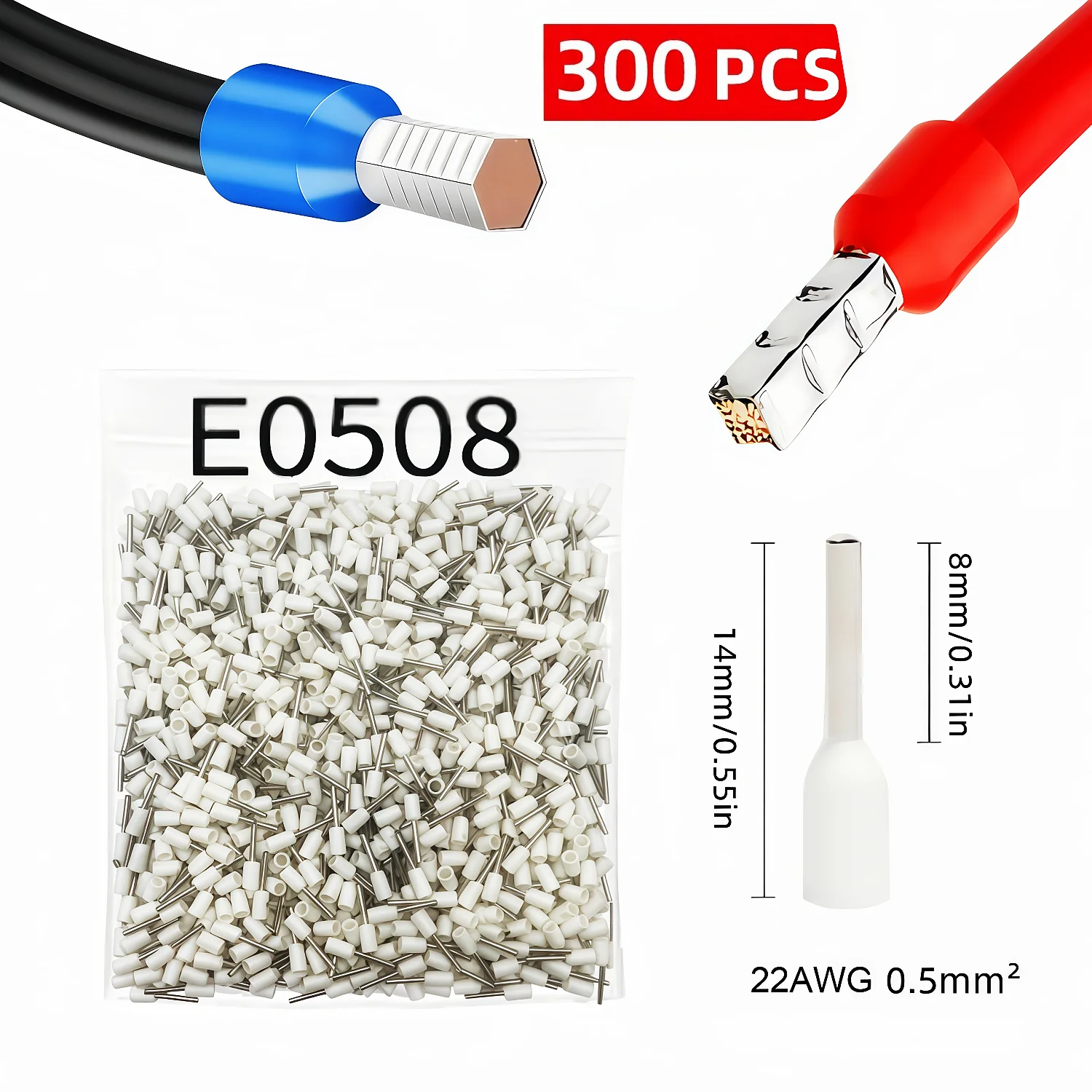 300-teiliges Isoliertes Kabelendverschluss-Set, 8 Größen AWG 22-8 Drahtklemmen, Verzinntes Messing PVC-Isoliert, für Elektrische Verkabelung