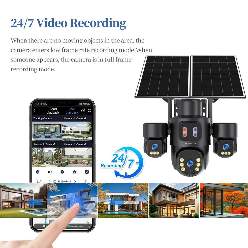 LS VISION AOV 3画面ソーラーカメラ 12倍光学ズーム 屋外 4G 24時間365日録画 CCTVカメラ ソーラーバッテリー PTZレンズ
