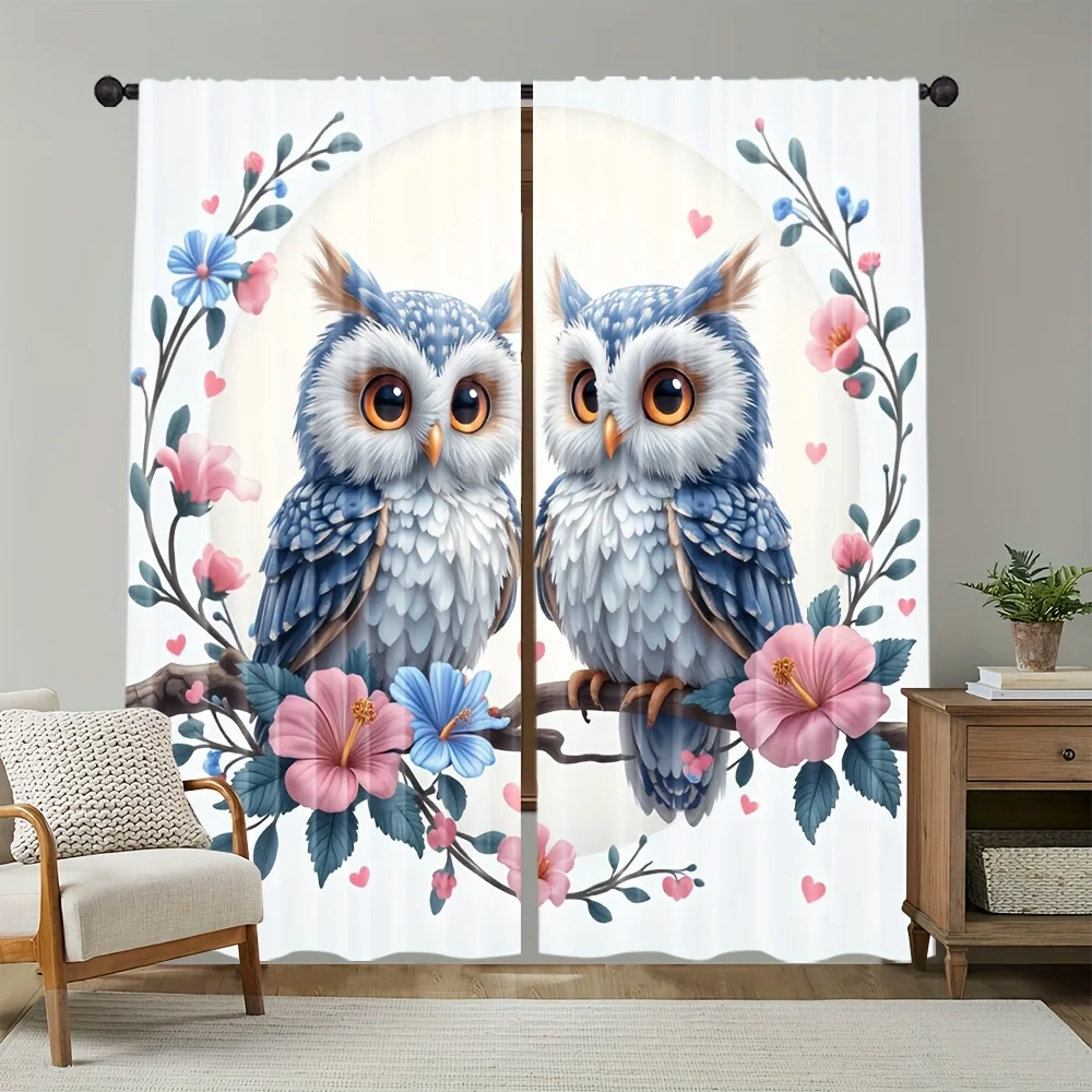 Bohemian Owl Floral Heart Rod Pocket Window Curtains - Boho Autumn Room Decor for Bedroom Living Room Set of 2 Panels