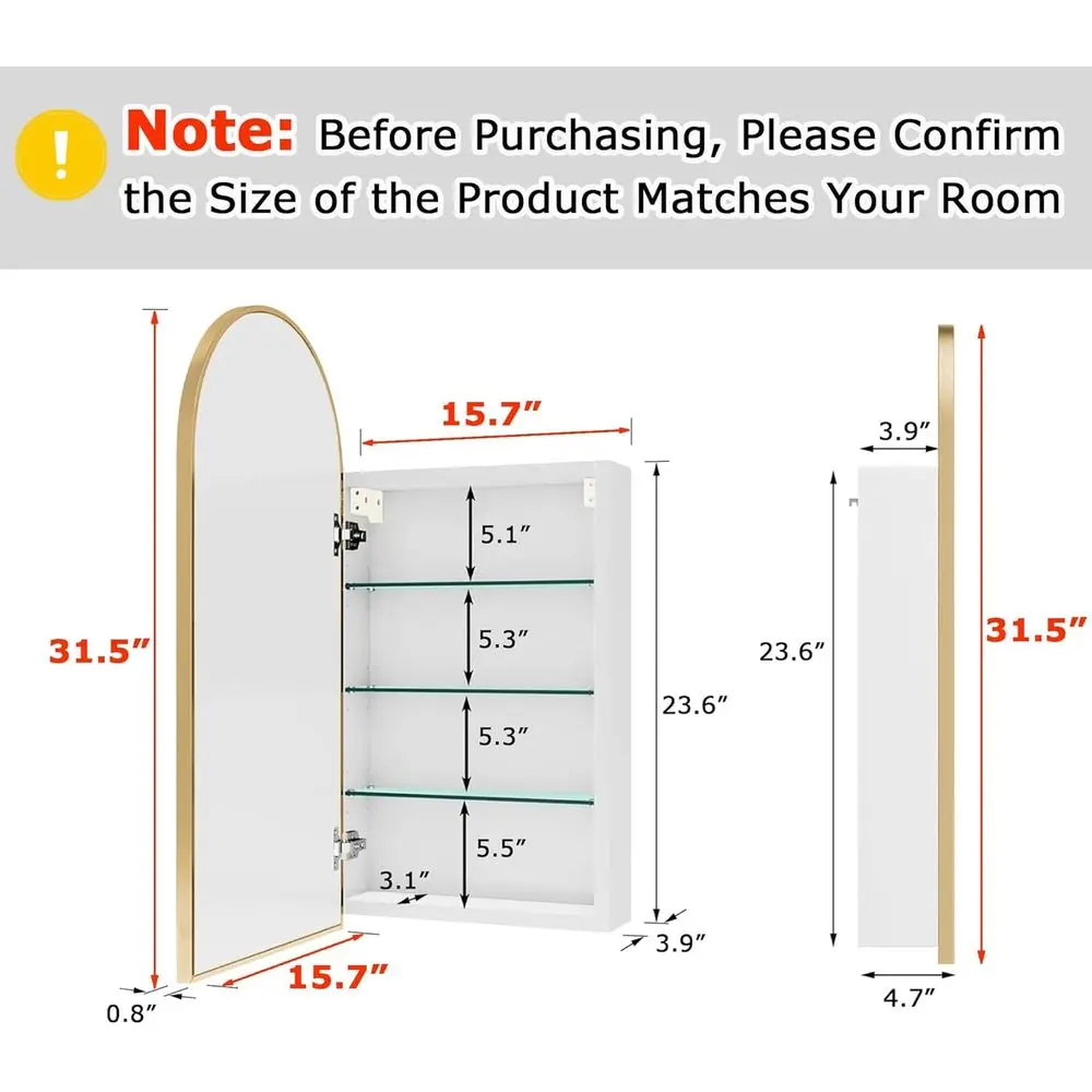 Luxurious Arched Gold Bathroom Medicine Cabinet with Mirror, Ideal or DIYer, Bathroom Mirror with Storage, Mirror Medicine Cabin view 2
