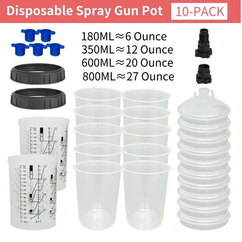 10Pcs/Set  Spray Gun Paint Mixing Cup  H/O Quick Cup Airbrush Tank  160ML/350ML/600ML  Disposable Paint Cup with 2 Adapter