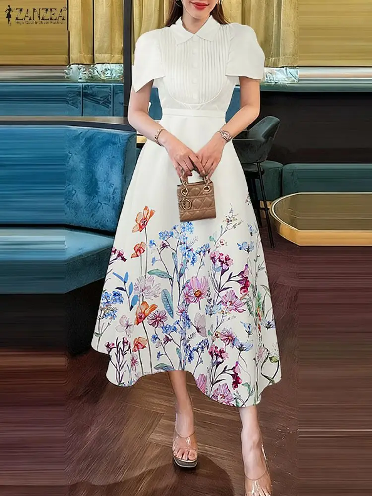 Sukienka ZANZEA 2025, stylowa, z nadrukiem, elegancka sukienka biurowa damska, z kołnierzykiem, rękawami z mankietami, midi, z talią, w kształcie litery A, sukienka na imprezę, letnia sukienka.