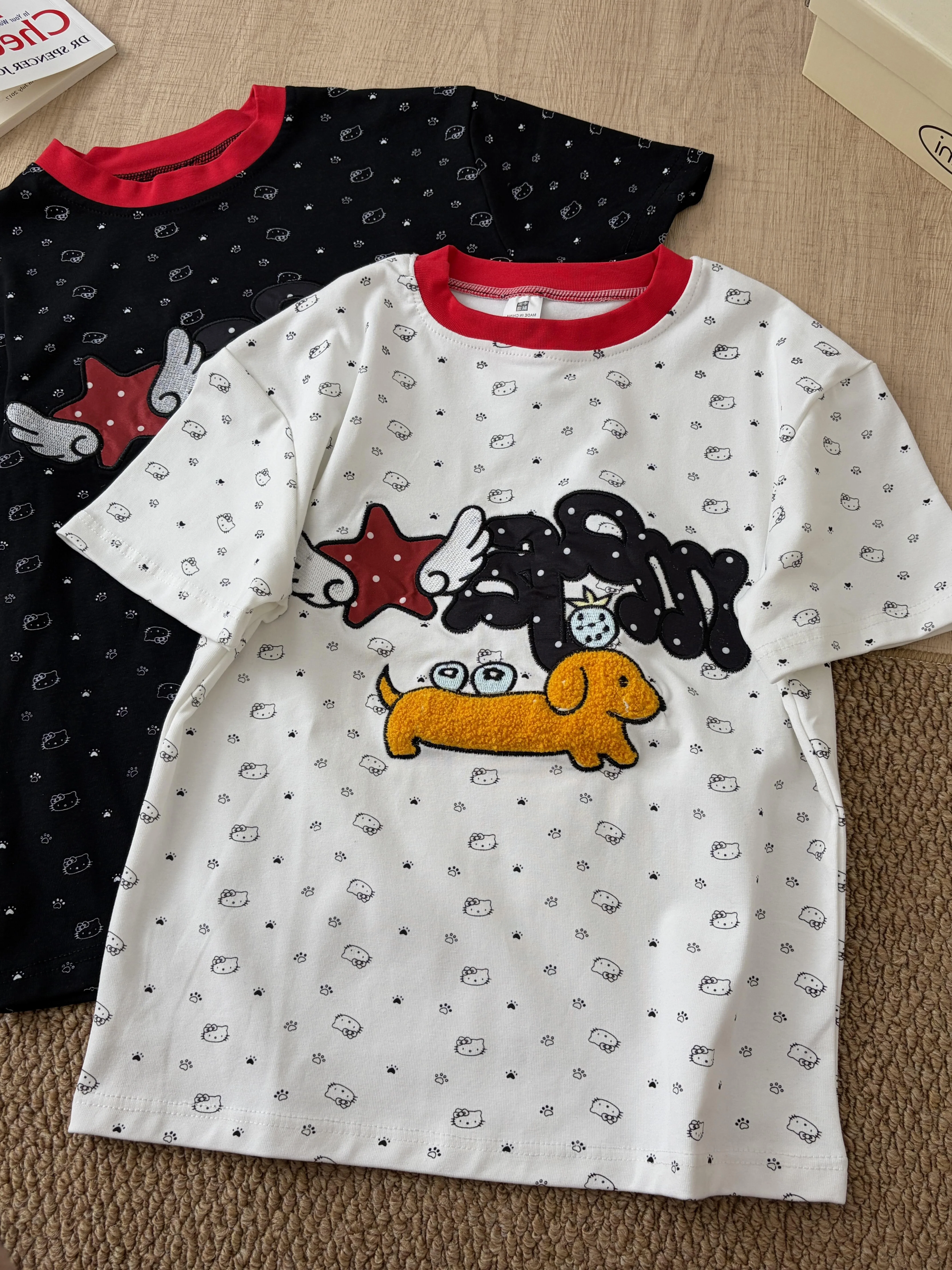 

Cute Little Dog Embroidery Cartoon Print Short Sleeve T-Shirt Women's Summer Casual Slimming Color Block Shoulder Top