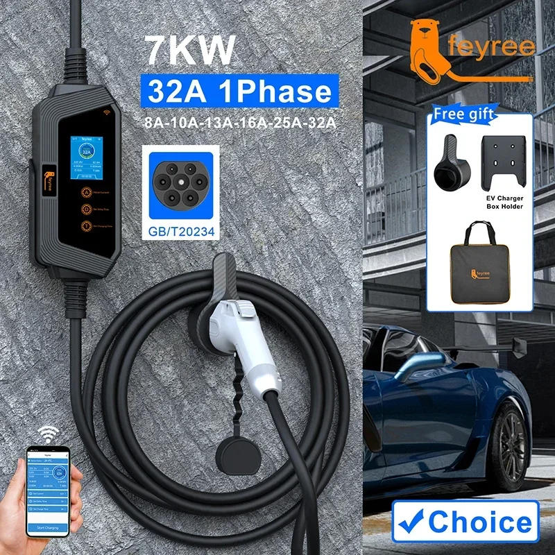 feyree 7KW 32A Adjustable EV Charger GBT Socket APP Bluetooth Version Set Charging Time EVSE Charging Box for Electric Vehicle