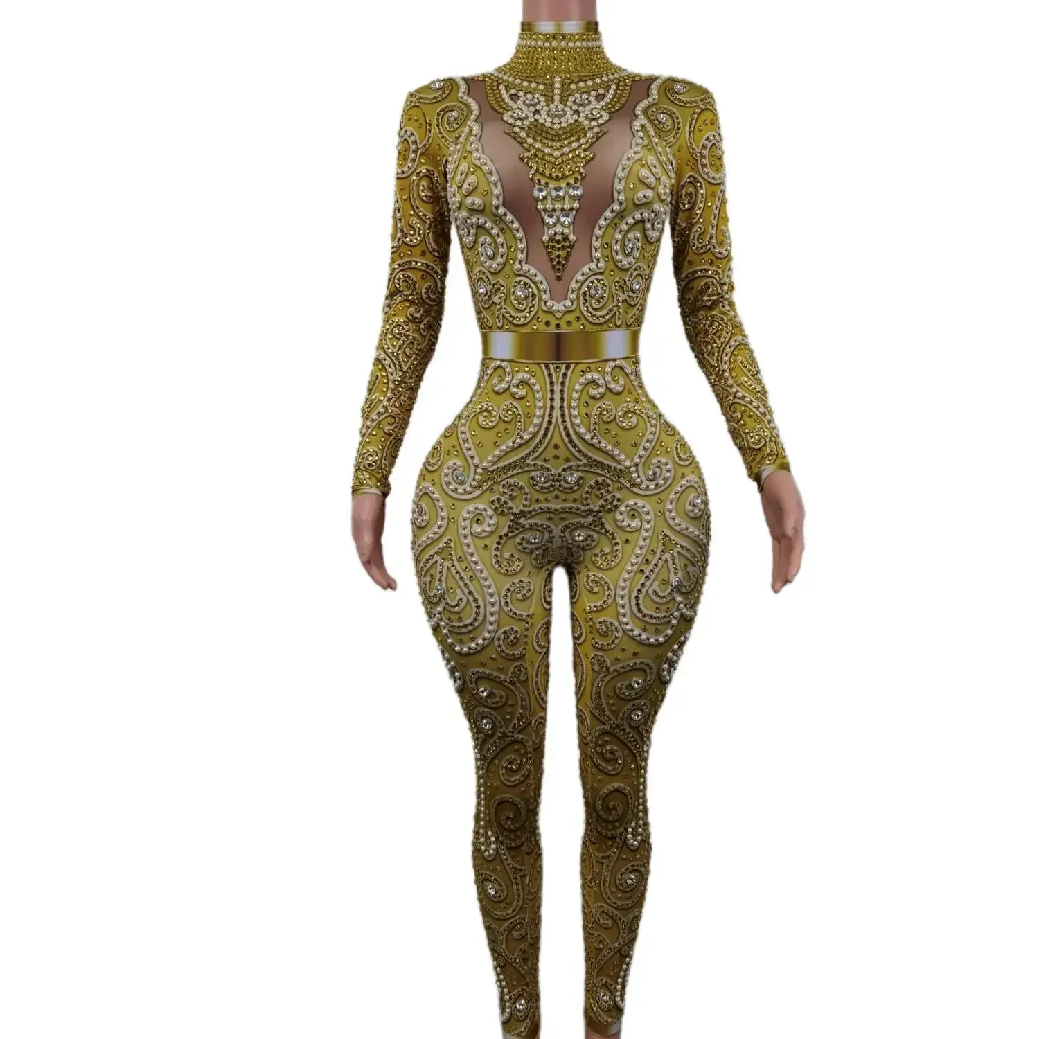 Sexy Sparkly Rhinestones Gold Spandex Jumpsuit Long Sleeve Birthday Party Outfit Dancer Singer Show Rompers Stage Wear Quanquan