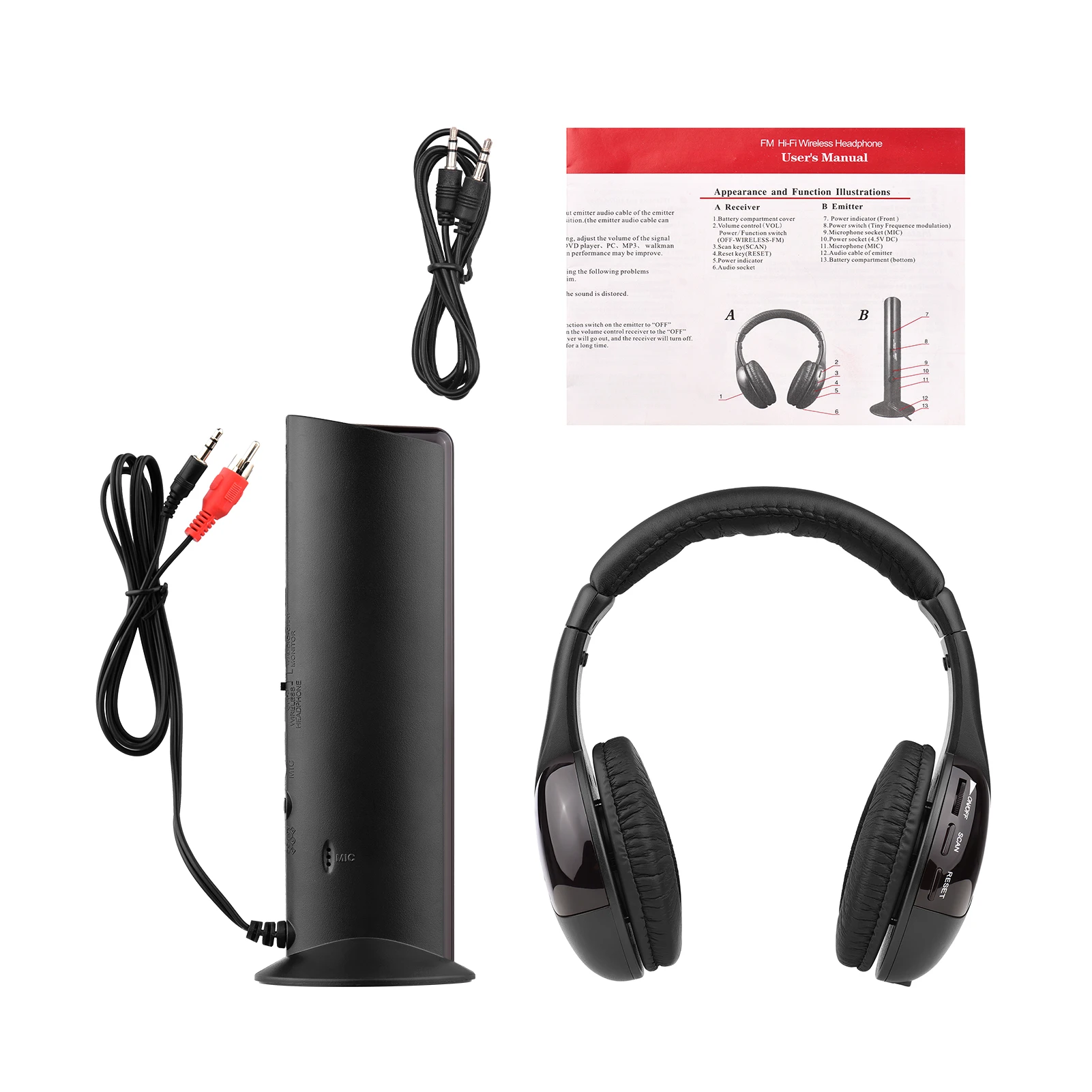 5-in-1 Multifunctional Wireless Headset FM Hi-Fi Wireless Headphone Emitter & Receiver Set FM