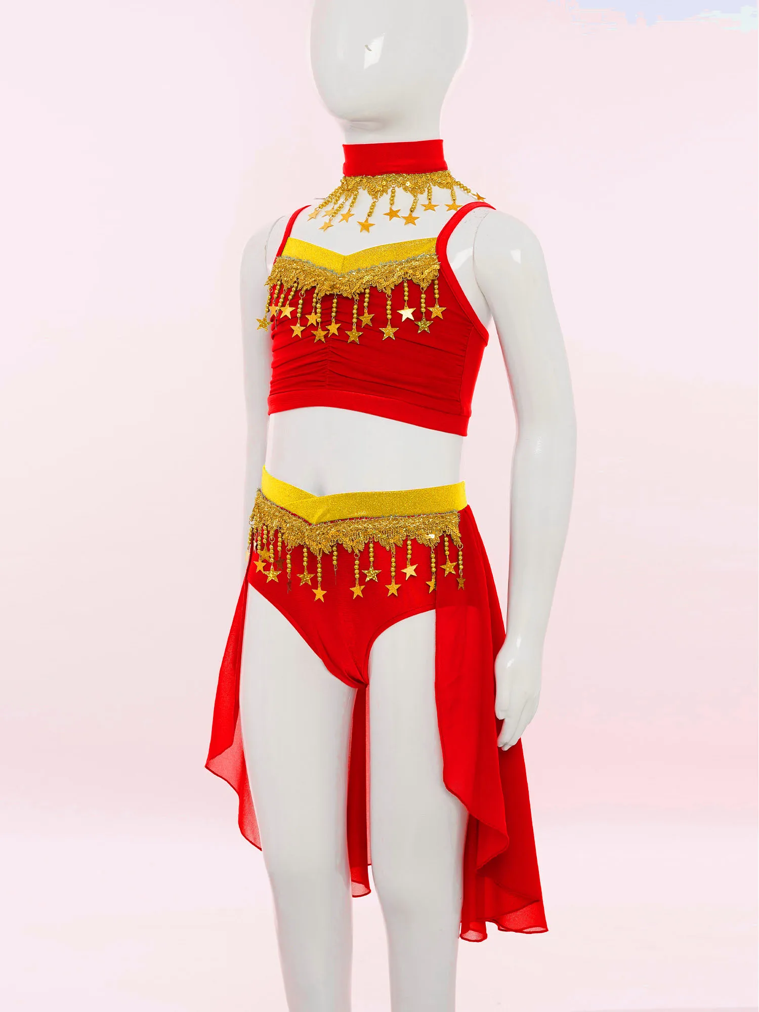 Crianças meninas brilhante estrela lantejoulas ventrewood oriental trajes de dança do ventre conjunto borlas indiano ruched colheita superior saia roupa de dança do ventre