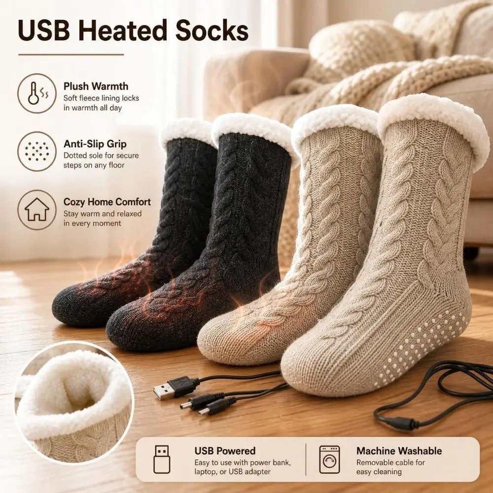 5V 2A Electric Heated Socks USB Powered Anti-Slip Sole USB Heating Socks Knitted Fabric Thermal Knitted Socks Cold Weather