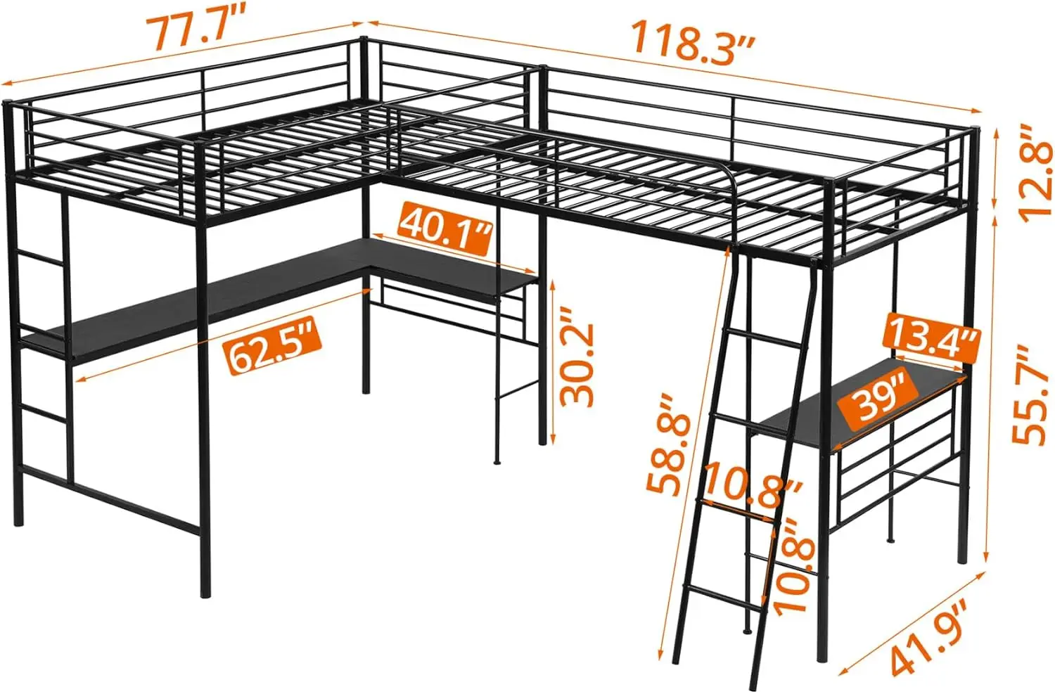 Twin Size Bunk Bed With Desks, L-Shaped Loft Beds With 2 Built-In Wooden Desks, 2 Ladders And Safety Guard Rail, Heavy-Duty