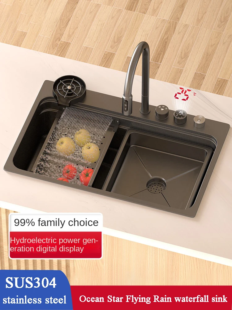 Stainless Steel Kitchen Sink Embossed Waterfall Sink Large Single Slot Multifunction Washbasin For Kitchen Renovation