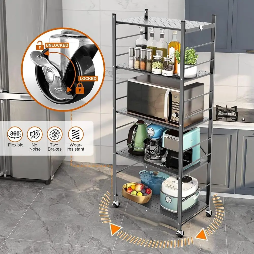 رف تخزين قابل للطي من 5 طبقات باللون الرمادي مع 20 خطافًا وعجلات للمنزل، عروض حرفية، لا حاجة للتجميع