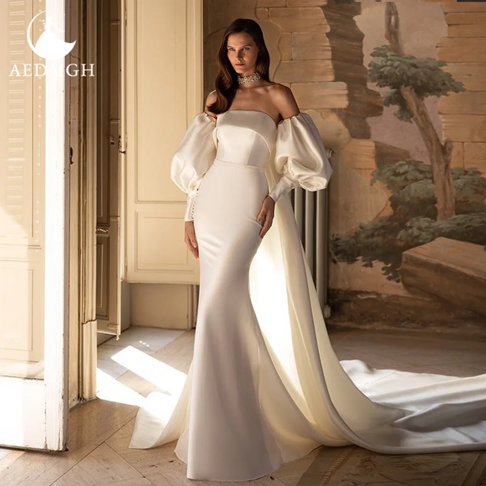 Aedmgh Mermaid Satin Wedding Dresses Sexy Boat Neck Long Puff Sleeve Vestido De Novia Detachable Train Custom Made Bridal Gown