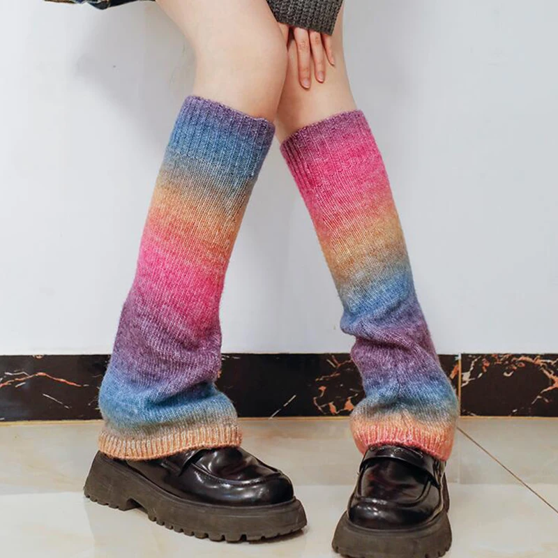 Women Lolita Leg Warmer Knit Over Knee Socks Sweet Gradient Rainbow Color Knitted Stocking Boot Cuff Ankle Warmer