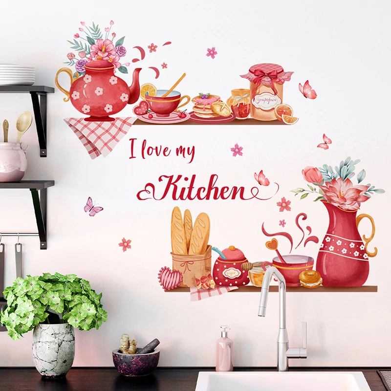 New Kitchen Wall Stickers Red Colorful Teapot Plant Pot Wall Art Decals for Dining Room Restaurant Cocina Decoration Wallpaper