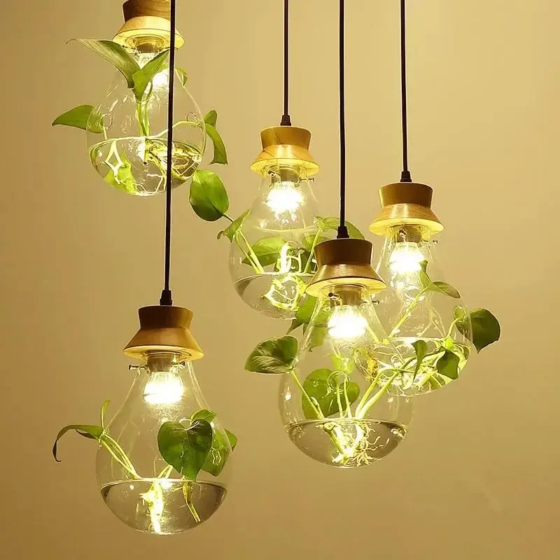 Modern Plant Pendant Light Wood Glass Bottle Decor Restaurant Bar Cafe Living Room Study Lighting LEDhting LED Pendant Hang Lamp