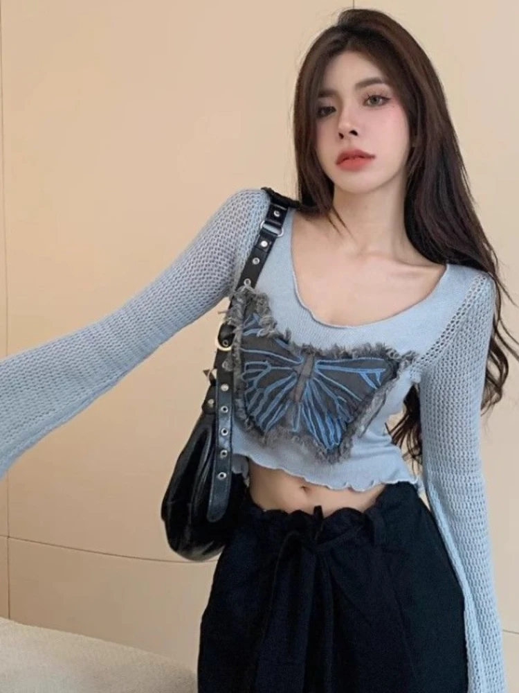 Patchwork Jeans Butterfly Knitted Crop Top Vintage Y2k Long Sleeve Tee Shirts Hollow Out Harajuku Streetwear Women's T-shirt 