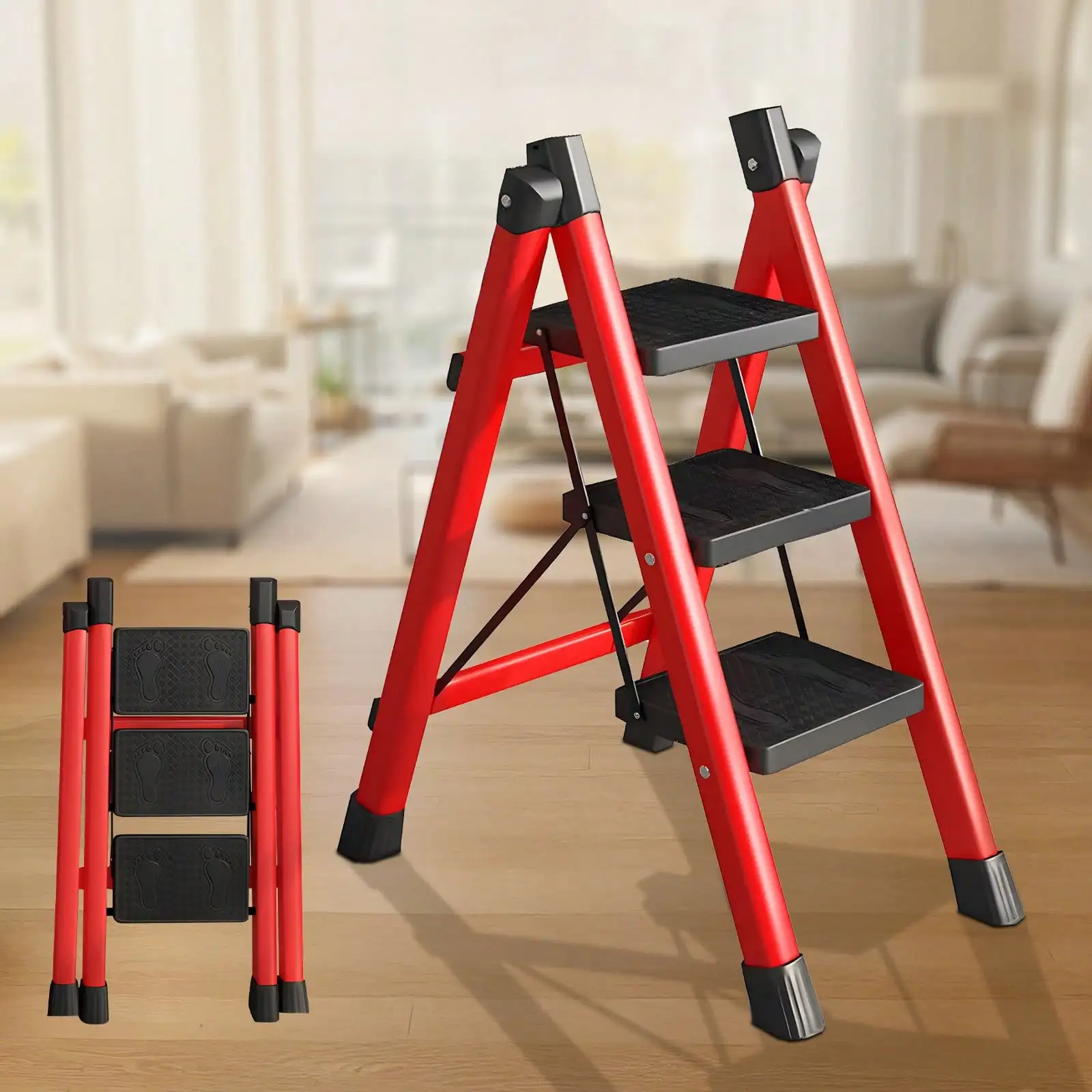 

Step Ladder, 3 Ladder With With Anti-Slip Pedal, Portable Foldable Stool, Sturdy Step Ladder Home Kitchen Household, Red