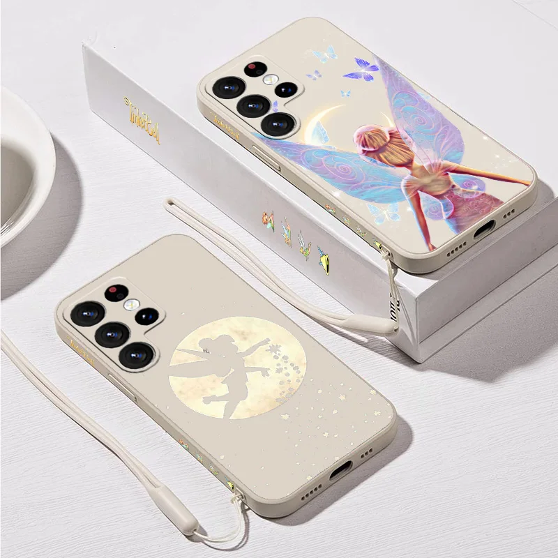 لطيف ديزني تينكر بيل جراب هاتف لسامسونج S10 S20 S21 S22 S23 S24 زائد لايت الترا FE السائل اليسار حبل لينة سيليكون Funda