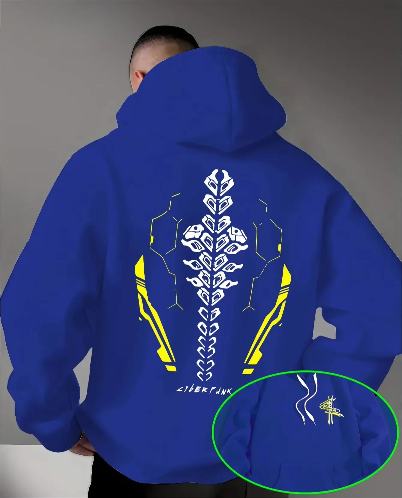 Men’s Abstract Alien Skeleton Hoodie Cyber Tech Geometric Graphic Front Back Print Fleece Pullover Sweatshirt Streetwear Autumn