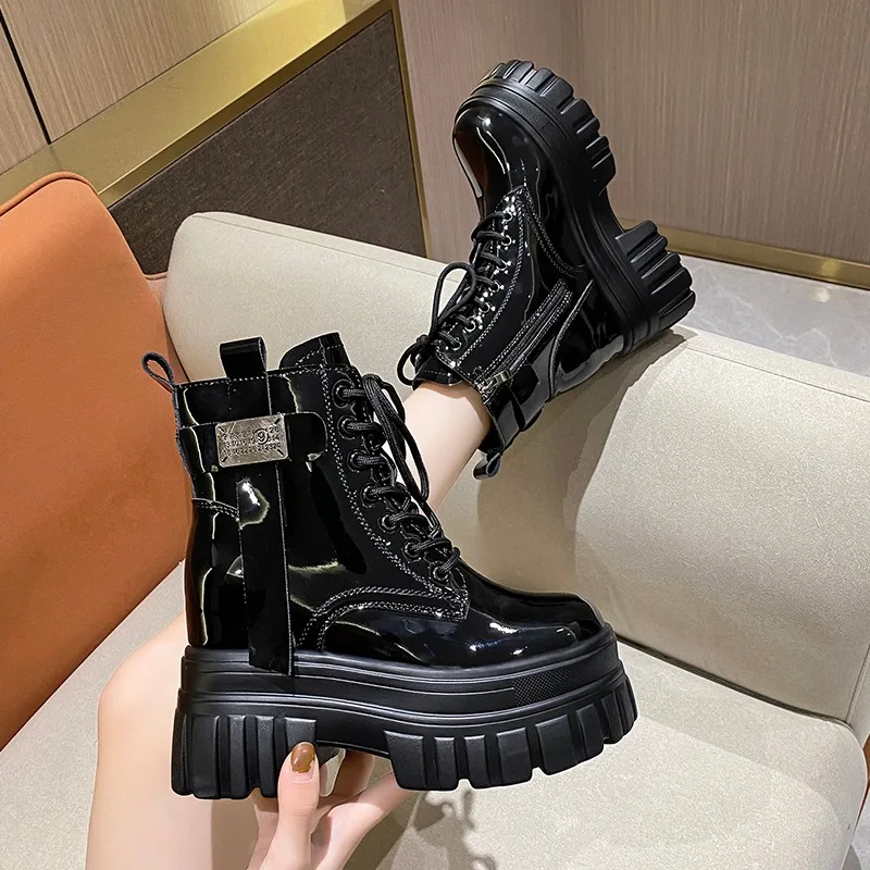 Women\'s High Platform Motorcycles Boots Winter 10CM Wedge Heels Warm Ankle Boots Chunky Sneakers New Autumn Leather Shoes Woman