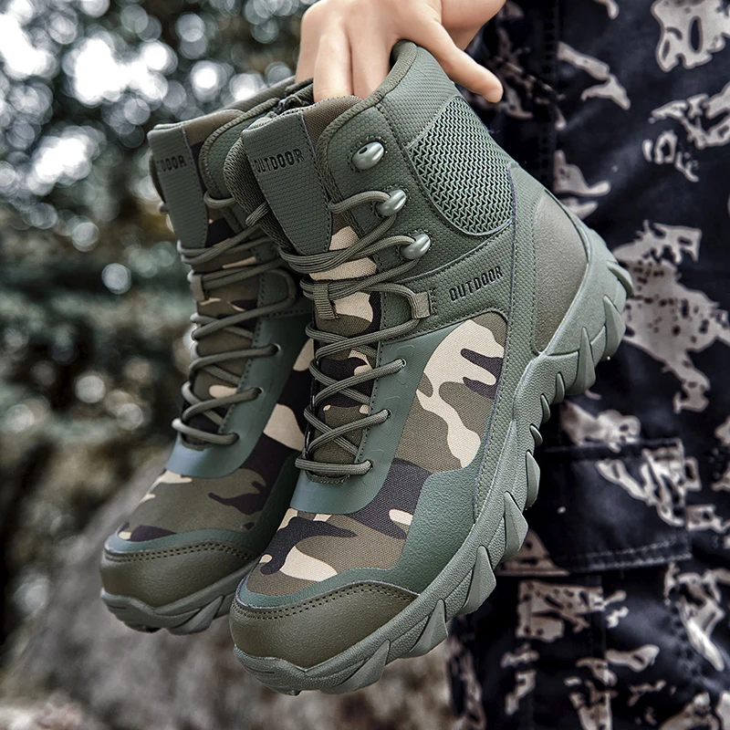 Lace Up Waterproof Outdoor Shoes Breathable Canvas Camouflage Tactical Combat Desert Ankle Boots Men Boots