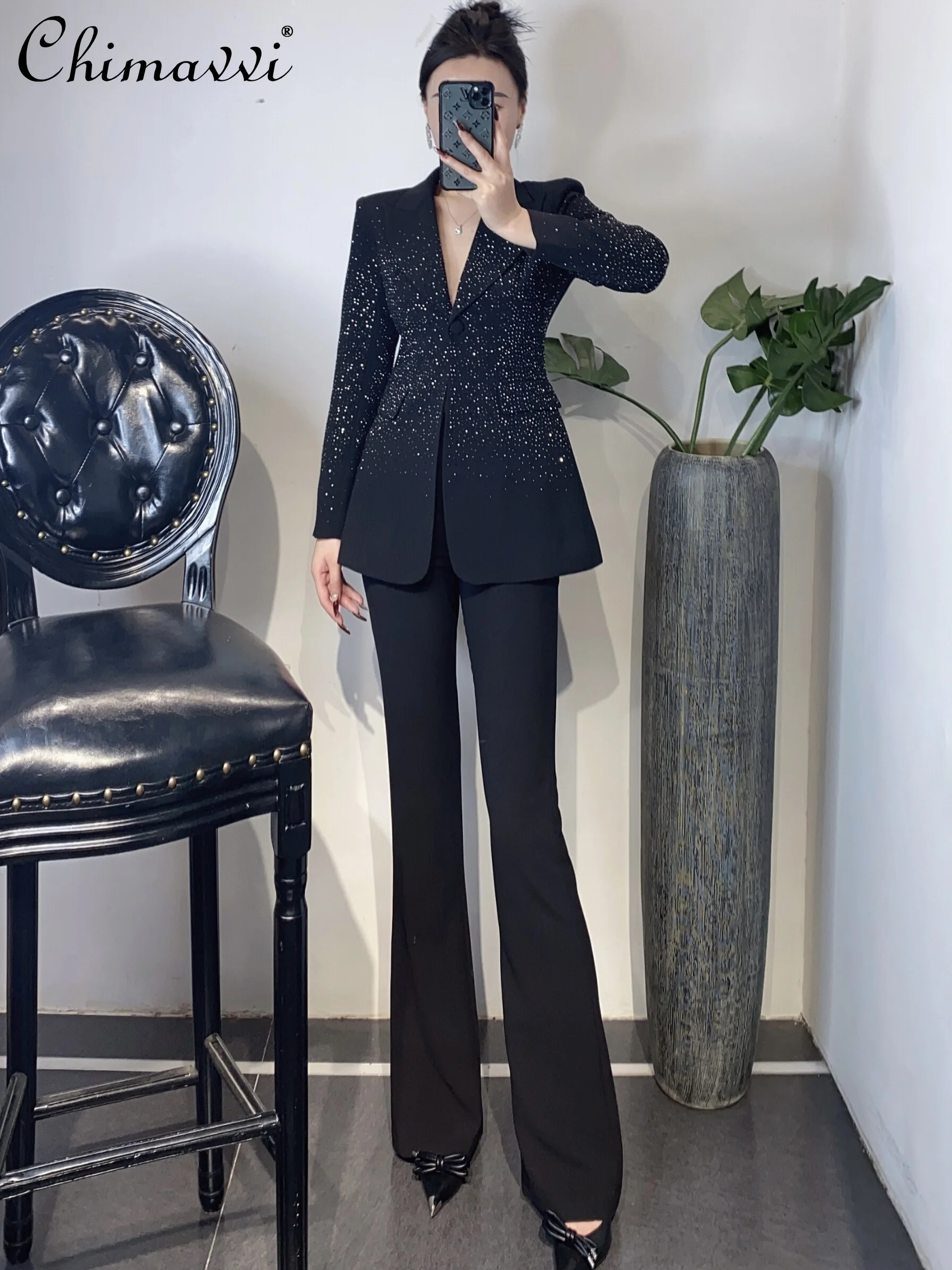 

High-End Pant Sets Women Heavy Hot Drilling Long-Sleeved Suit Jacket Bootcut Trousers OL Elegant Business Two-Piece Lady Outfits