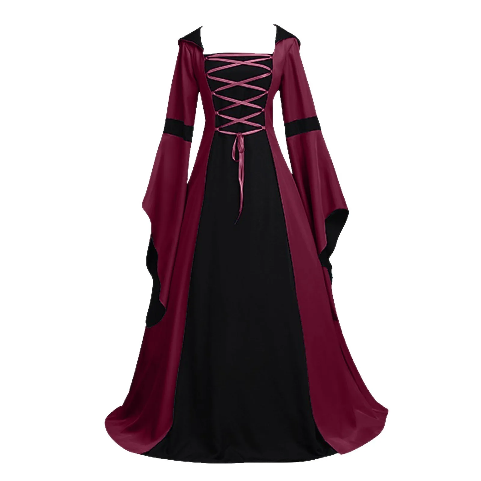 Hooded Bell Sleeve Dress Mid Length Tribal Ethnic with Long Sleeves Elastic Waist Literary Retro Autumn Medieval Retro Dress - view 5