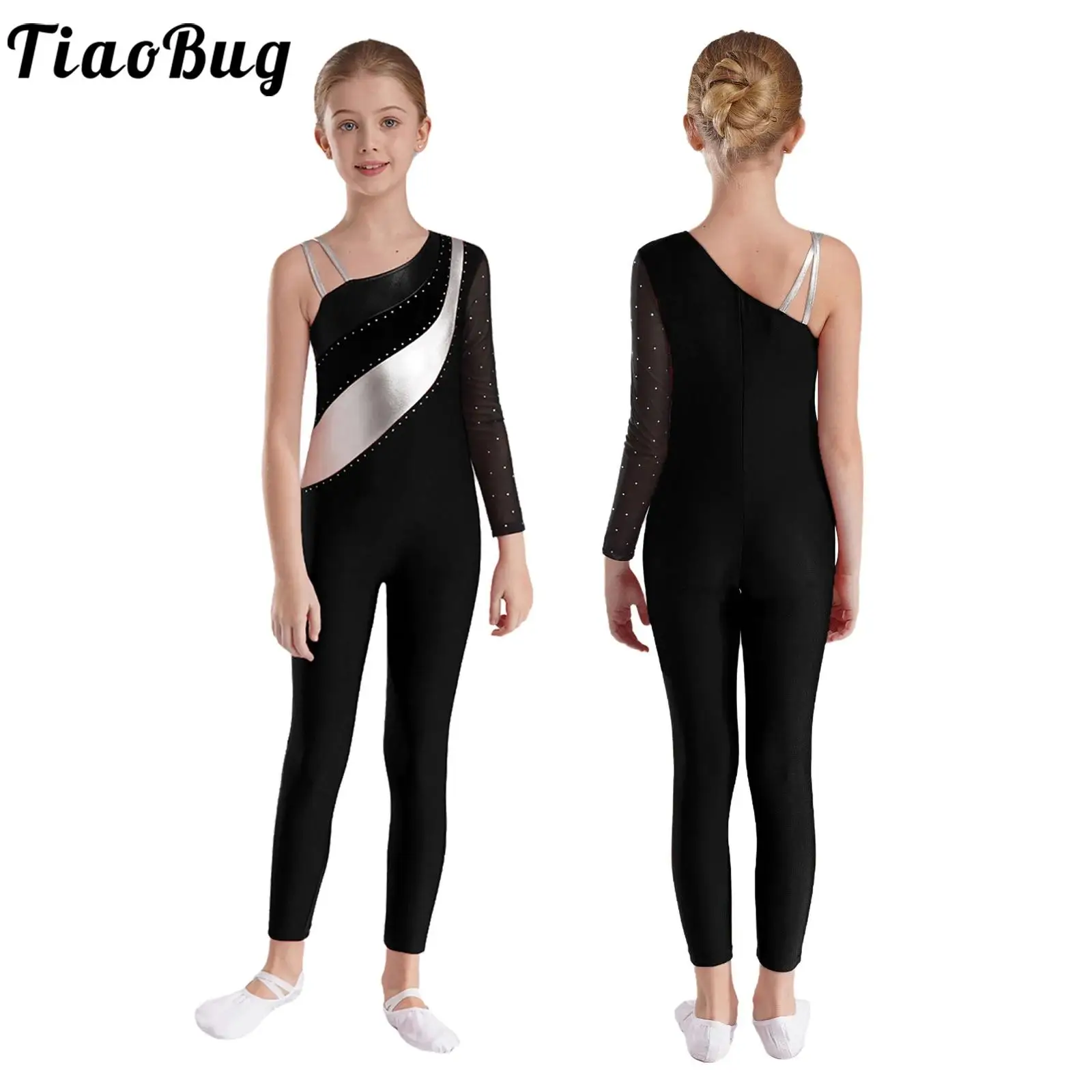 

Girls Teen One Shoulder Gymnastics Dance Jumpsuit Figure Skating Ballet Unitard Sheer Mesh Bodysuit Training Performance Costume