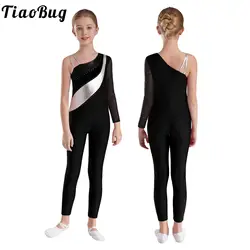 Girls Teen One Shoulder Gymnastics Dance Jumpsuit Figure Skating Ballet Unitard Sheer Mesh Bodysuit Training Performance Costume