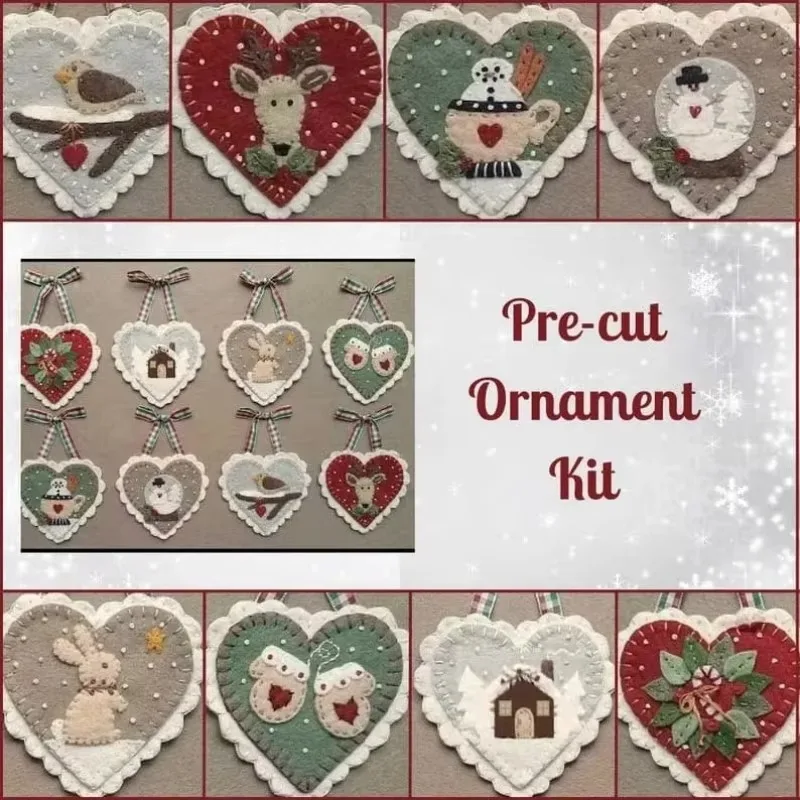 Pre-Cut Wool Blend Felt Holiday Hearts Ornament Kit Christmas Felt DIY Kit Gift Christmas Children's Sewing Educational Toys