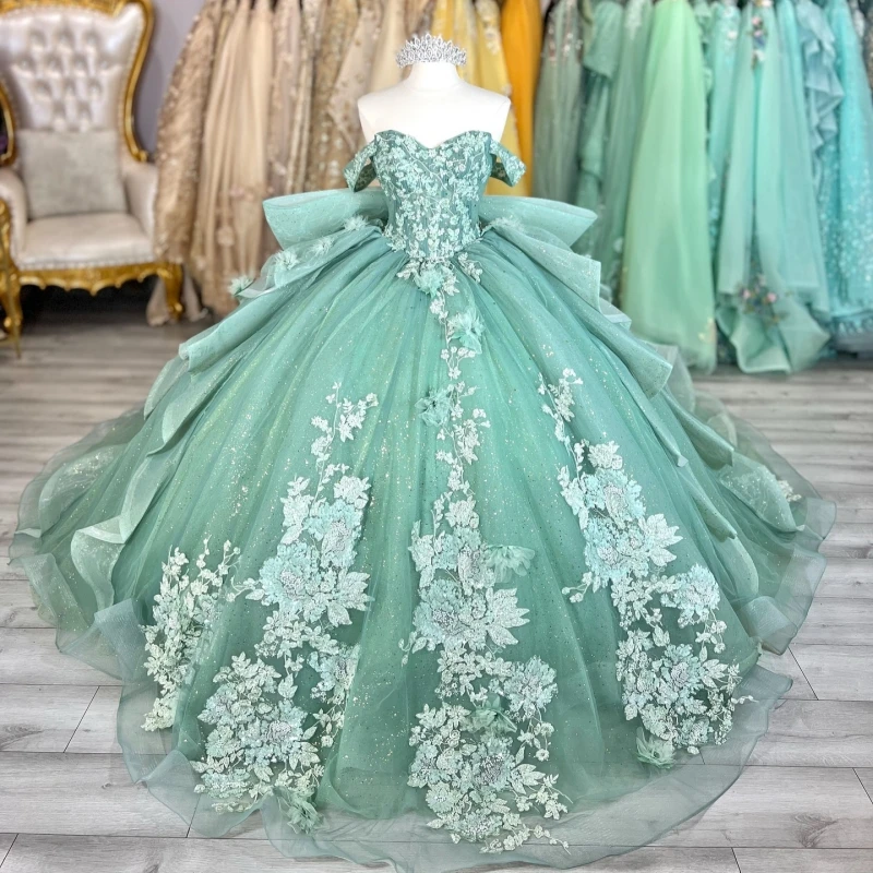 

Мятно-зеленое блестящее бальное платье Quinceanera Платья с открытыми плечами и аппликацией из кружева с бусинами и бантом из тюля для вечеринки, дня рождения, милое платье 16, Vesti