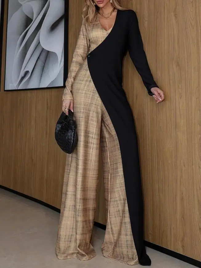 Colorblock Long Sleeve V Neck Faux Two Piece Jumpsuit, Casual Wide Leg Romper