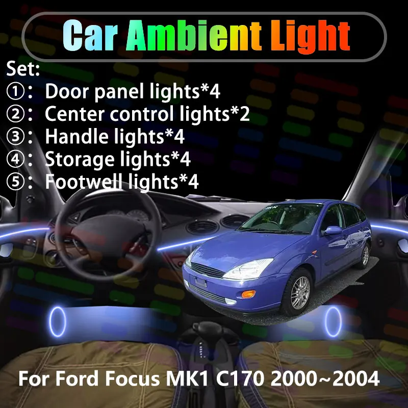 สำหรับรถฟอร์ด โฟกัส MK1 C170 ปี 2000~2004 2001 2/18 ชุดไฟตกแต่งภายในรถยนต์แบบ LED สำหรับไฟท้าย ไฟภายในห้องโดยสาร ไฟ LED แบบ USB RGB Ensemble Streamer