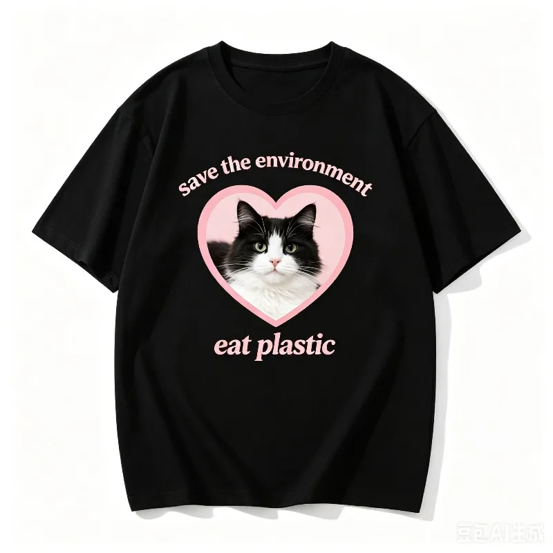 Save The Environment Eat Plastic Women T-Shirt, Funny Cat Quote Graphic Tee, Casual Top for  Daily Streetwear Black White Tops