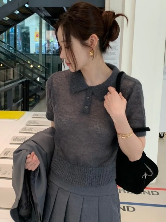 เสื้อสเวตเตอร์ถักไหมพรมสไตล์เกาหลีสำหรับผู้หญิง ฤดูใบไม้ผลิ ฤดูร้อน รุ่นใหม่ วินเทจ อเนกประสงค์ ทรงเข้ารูป