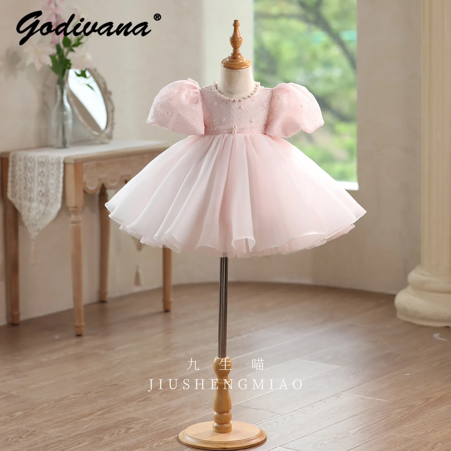Sweet Baby Girls Pink Princess Tutu Dress Kids High End Heavy Pearl Puff Sleeve High Waist Birthday Piano Performance Ball Gown