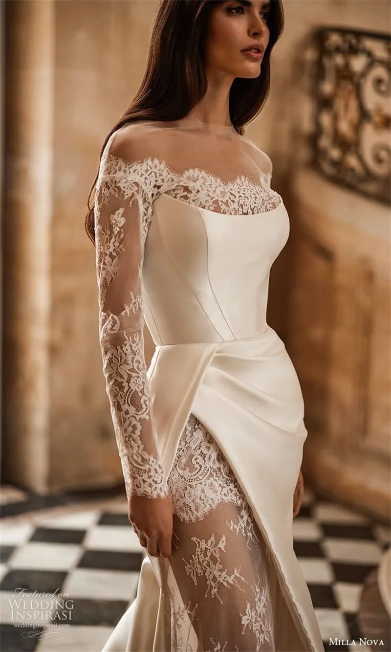 Vestidos de novia de satén de encaje blanco, vestido de novia de sirena con hombros descubiertos y mangas largas, sobrefalda personalizada para playa y jardín