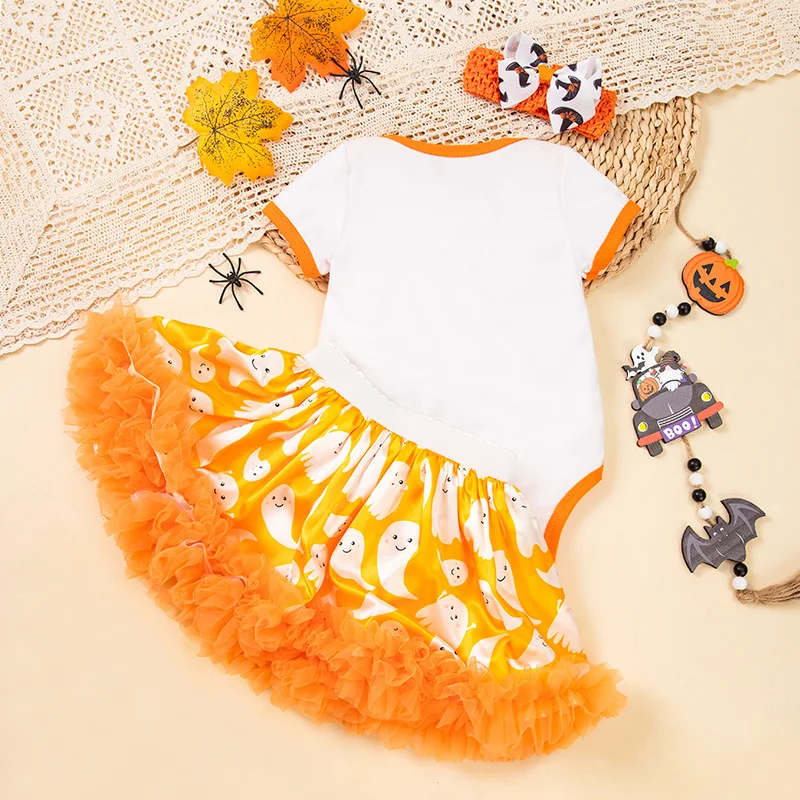 

New Halloween Baby Outfit Short Sleeve Romper Spider Ghost Satin Princess Dress Headband Three-Piece Set