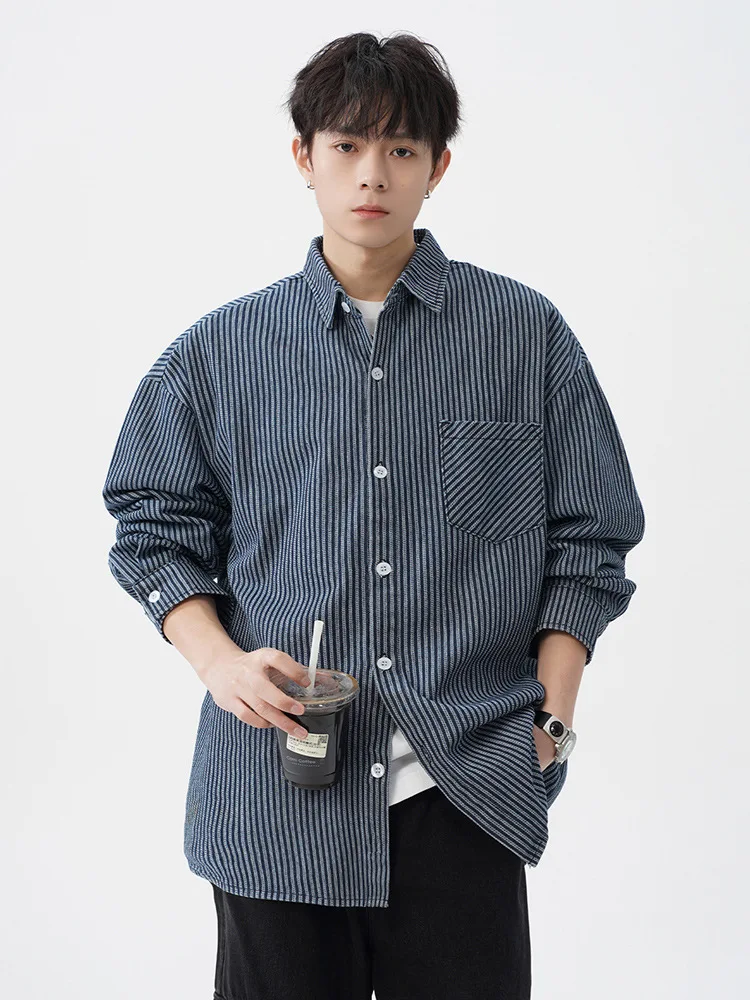 Vintage-Washed Denim Striped Long-Sleeved Shirt for Men Patchwork Design Loose-Fit Casual Shirt