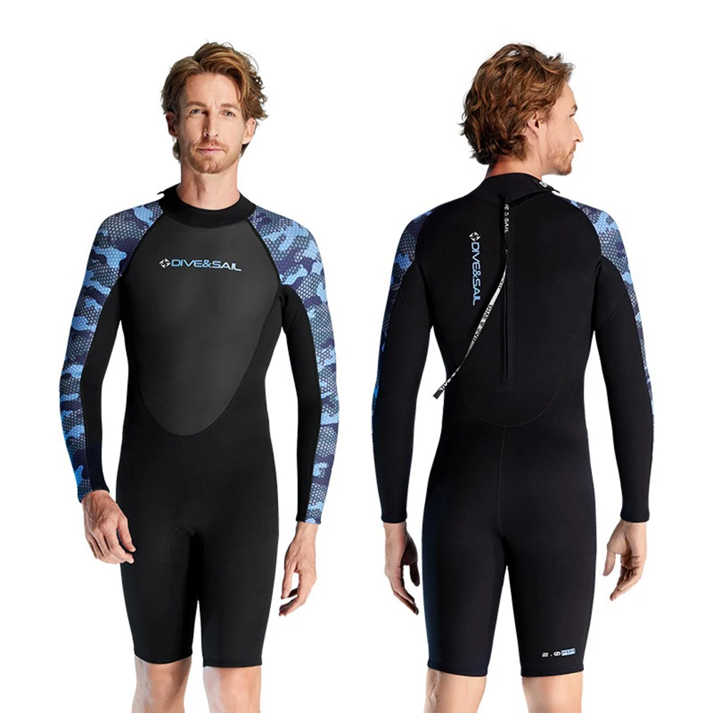 Men 2MM Neoprene Thermal Wetsuit One-piece Long-sleeved Shorty Diving Swimming Surfing Snorkeling Water Outdoor Sports Wet Suit